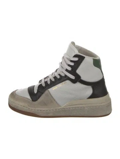 Pre-owned Saint Laurent Leather Colorblock Pattern Wedge Sneakers In White