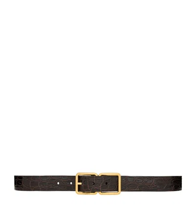 Saint Laurent Leather Croc-embossed Belt In Brown