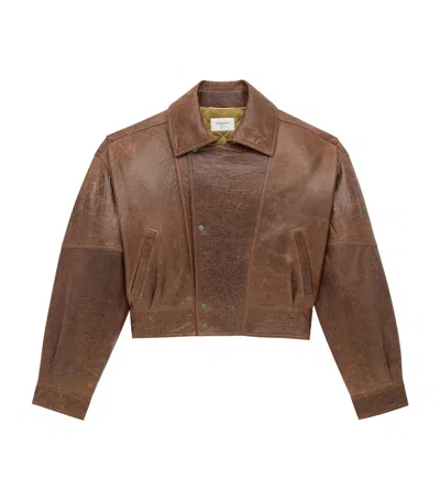 Saint Laurent Leather Cropped Jacket In Sand