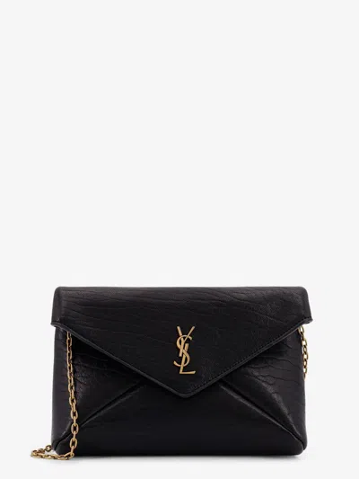 Saint Laurent Leather Crossbody Bag With Metal Cassandre Logo In Black