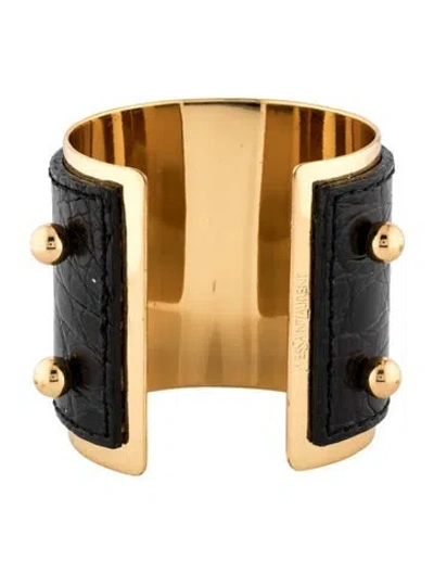 Pre-owned Saint Laurent Leather Cuff Bracelet, 6.75" In Black