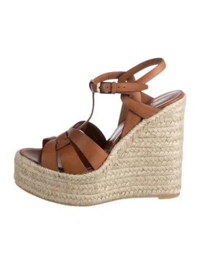 Pre-owned Saint Laurent Leather Cutout Accent Espadrilles W/ Tags In Brown