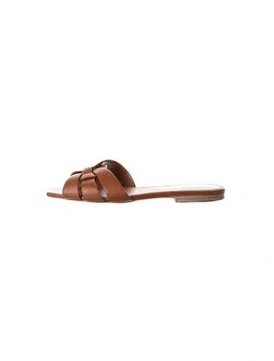 Pre-owned Saint Laurent Leather Cutout Accent Slides In Brown