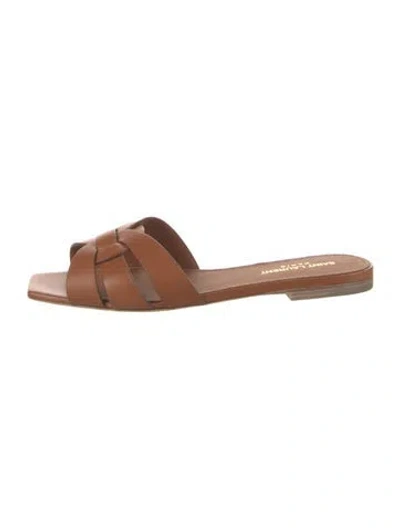 Pre-owned Saint Laurent Leather Cutout Accent Slides In Brown