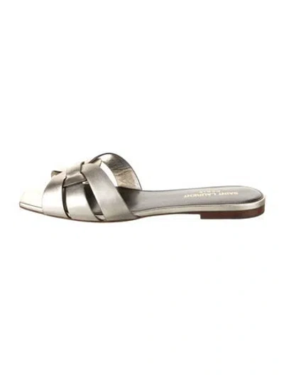 Pre-owned Saint Laurent Leather Cutout Accent Slides In Silver