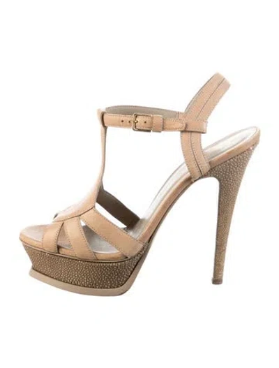 Pre-owned Saint Laurent Leather Cutout Accent T-strap Sandals In Neutral