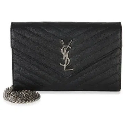 Pre-owned Saint Laurent Leather De Poudre Cassandre Chain Wallet Small In Black