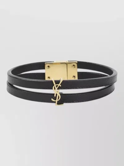 Saint Laurent Leather Double Wrap Bracelet Gold Tone Hardware In Black