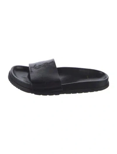 Pre-owned Saint Laurent Leather Embroidered Accent Slides In Black