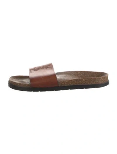 Pre-owned Saint Laurent Leather Embroidered Accent Slides In Brown