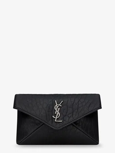 Saint Laurent Leather Envelope Card Holder With Metal Cassandre Logo In Black