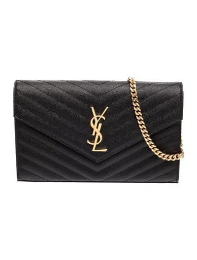 Pre-owned Saint Laurent Leather Envelope Wallet On Chain In Black
