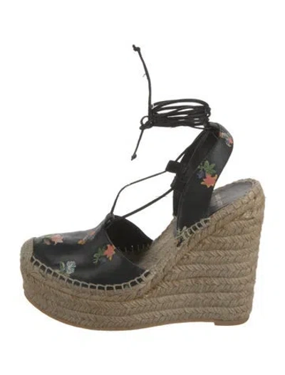 Pre-owned Saint Laurent Leather Floral Print Espadrilles In Black