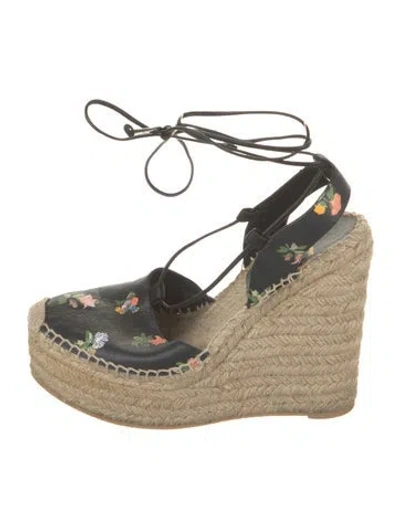 Pre-owned Saint Laurent Leather Floral Print Espadrilles In Black