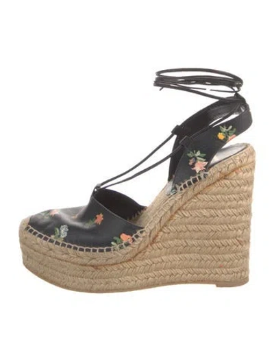 Pre-owned Saint Laurent Leather Floral Print Espadrilles In Black