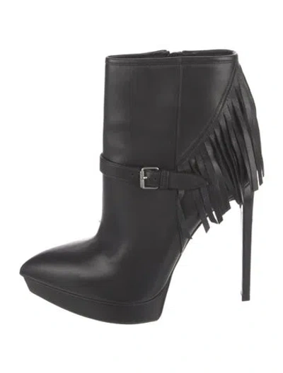 Pre-owned Saint Laurent Leather Fringe Trim Accent Boots In Black