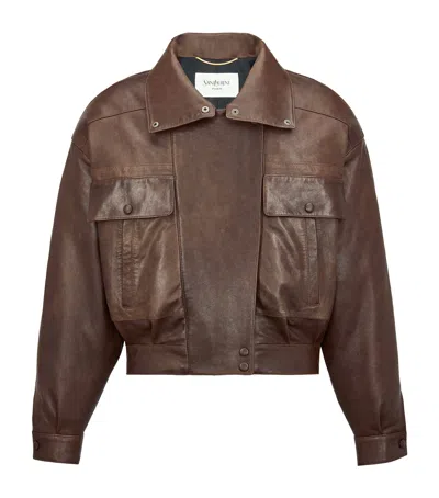 Saint Laurent Leather Funnel-neck Bomber Jacket In Brown