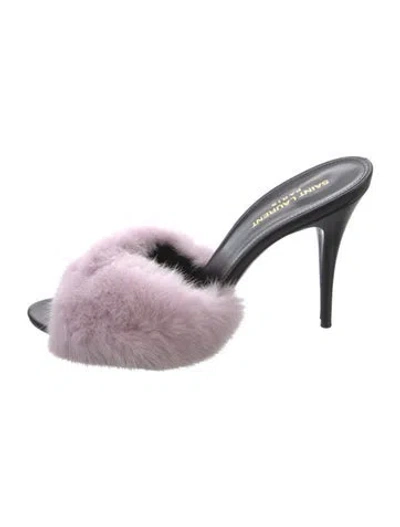 Pre-owned Saint Laurent Leather Fur Trim Slides In Black/purple