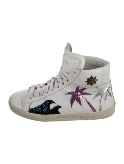 Pre-owned Saint Laurent Leather Glitter Accents Sneakers In White