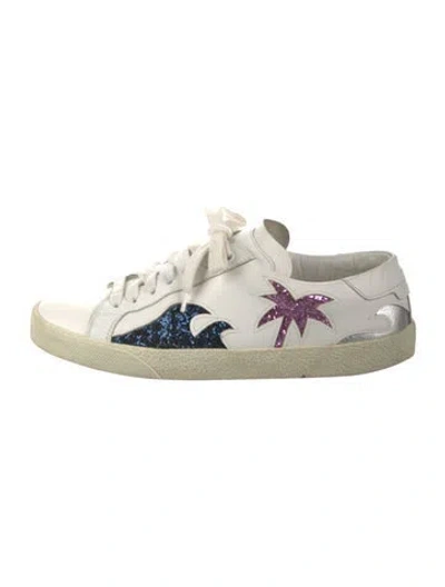 Pre-owned Saint Laurent Leather Glitter Accents Sneakers In White