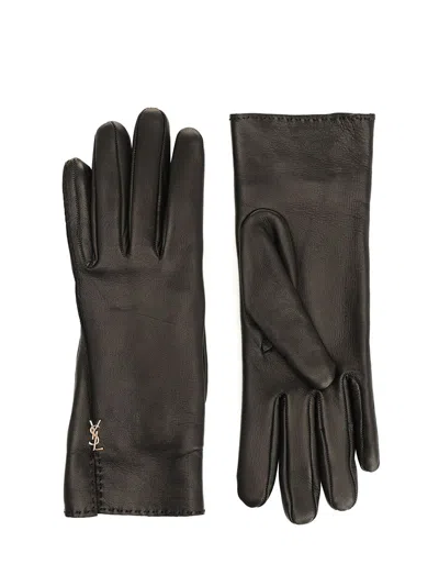 Saint Laurent Leather Gloves Black In Gray