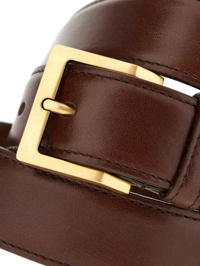 Saint Laurent Leather Gold-tone Buckle Belt In Brown