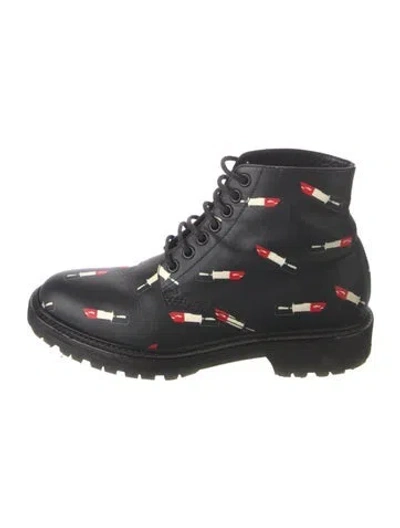 Pre-owned Saint Laurent Leather Graphic Print Combat Boots In Black