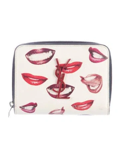 Pre-owned Saint Laurent Leather Graphic Print Continental Wallet In White