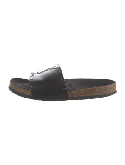 Pre-owned Saint Laurent Leather Graphic Print Slides In Black
