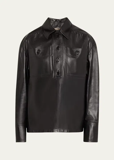 Saint Laurent Leather Henley Pullover In Black
