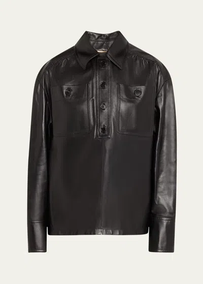 Saint Laurent Leather Henley Pullover In Nero
