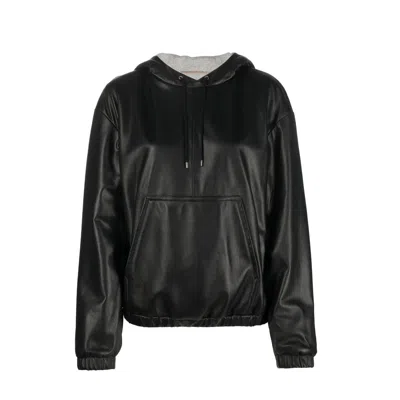 Saint Laurent Leather Hoodded Top Women In Black