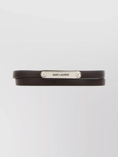 Saint Laurent Leather Id Wristband Featuring Metal Accents In Brown