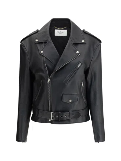 Saint Laurent Belted Leather Zip-up Jacket In Black