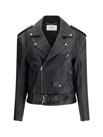 Saint Laurent Belted Leather Zip-up Jacket In Black