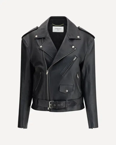 Saint Laurent Belted Leather Zip-up Jacket In Black
