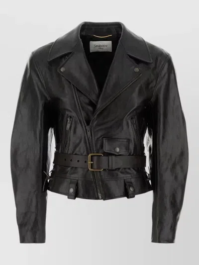 Saint Laurent Leather Jacket Belted Waist Buckle Detail In Black