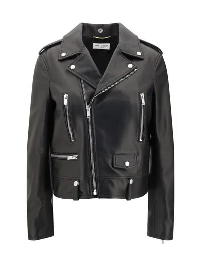 Saint Laurent Belted Leather Zip-up Jacket In Black