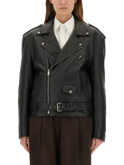 Saint Laurent Belted Leather Zip-up Jacket In Black