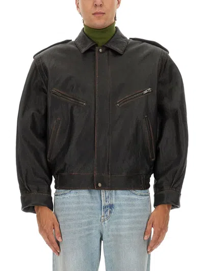 Saint Laurent Dark Brown Leather Jacket In Black