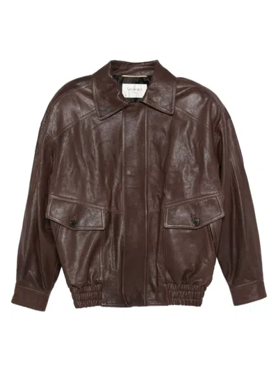 Saint Laurent Leather Jacket In Brown