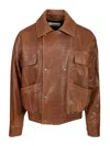 Saint Laurent Leather Jacket With Collared Design And Pockets In Brown