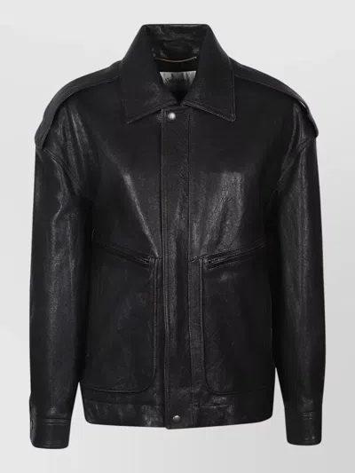 Saint Laurent Leather Jacket Long Sleeves Pointed Collar In Black