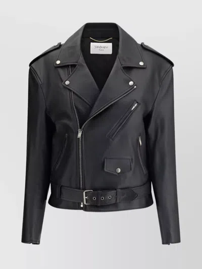 Saint Laurent Belted Leather Zip-up Jacket In Black