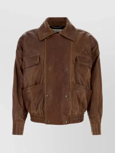 SAINT LAURENT LEATHER JACKET WITH COLLARED DESIGN AND POCKETS