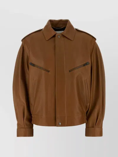 SAINT LAURENT LEATHER JACKET WITH ELASTICATED HEM AND LONG SLEEVES