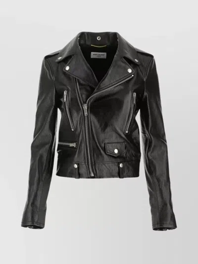 SAINT LAURENT LEATHER JACKET WITH EPAULETTES AND WAIST BELT