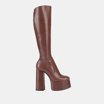 Pre-owned Saint Laurent Leather Knee Length Platform Block Heel Boots Size 38.5 In Brown