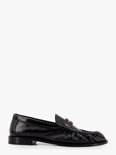 SAINT LAURENT LEATHER LOAFER WITH METAL MONOGRAM ON THE FRONT