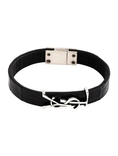 Pre-owned Saint Laurent Leather Logo Bracelet, 6.5" In Black
